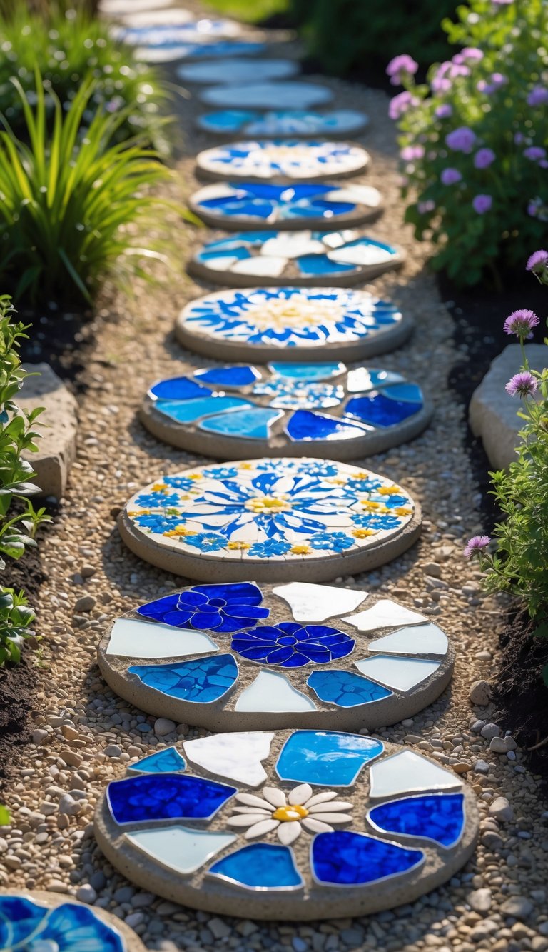 A garden pathway with colorful broken china stepping stones surrounded by green plants and flowers.